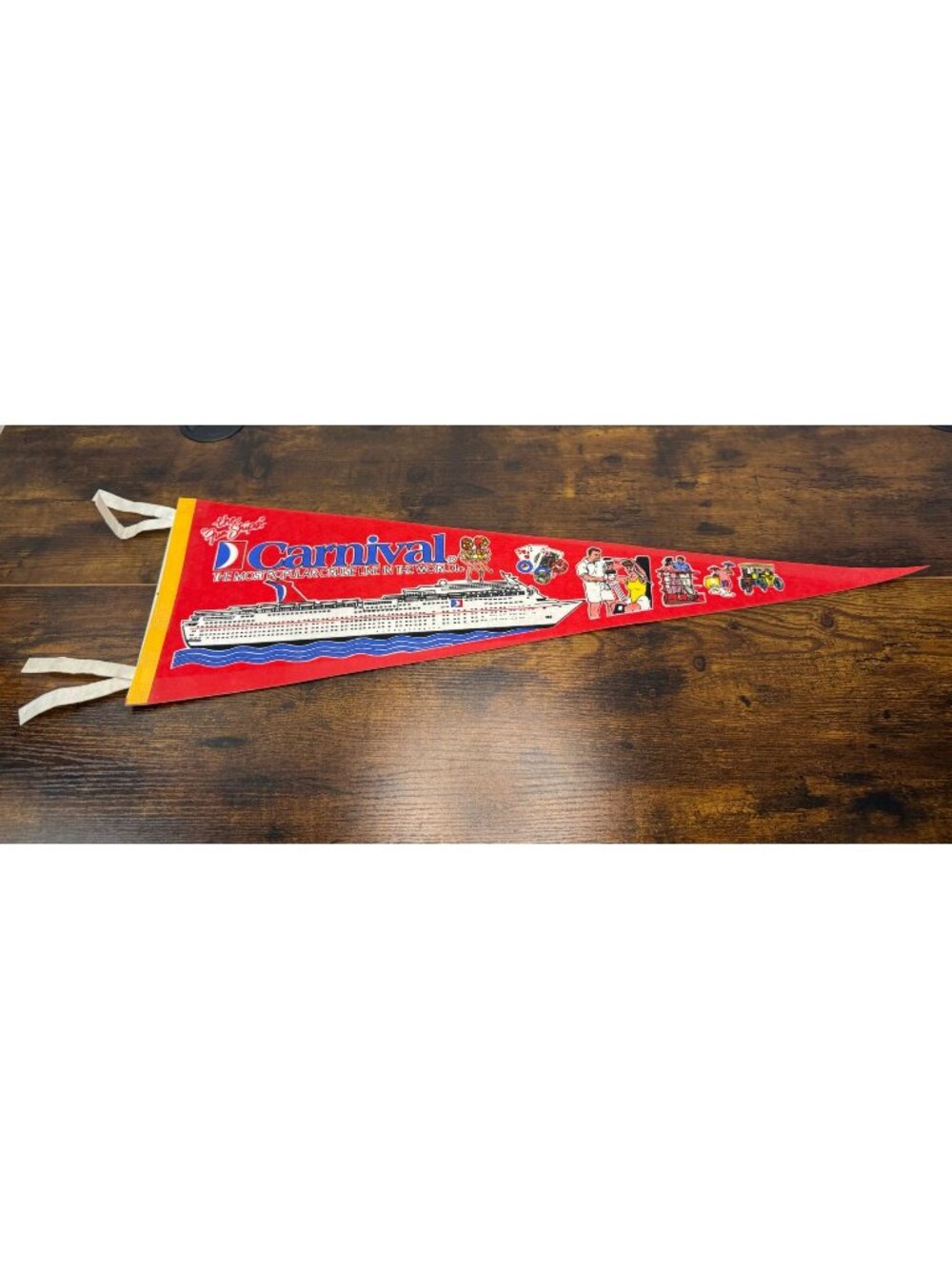 Carnival Cruise Line Vintage Souvenir Felt Pennant With Ship Graphics & Tie